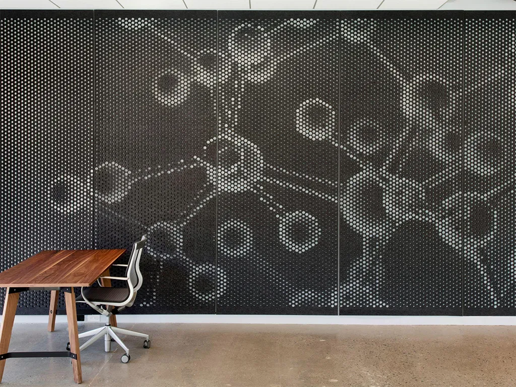 Custom cut PET Panels | Color: Black | Installed at 4G Clinical Headquarters | Designed by: Claudio Martonffy Design | Photographed by: Bryce Vickmark