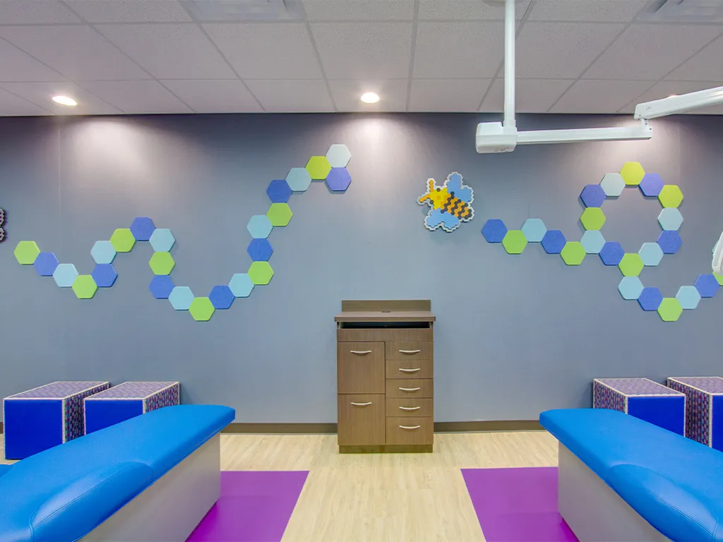 Installation: Pediatric Dental Office | Product: Custom Cut Tiles | Colors: Duck Egg, Lime Splice, and Blue