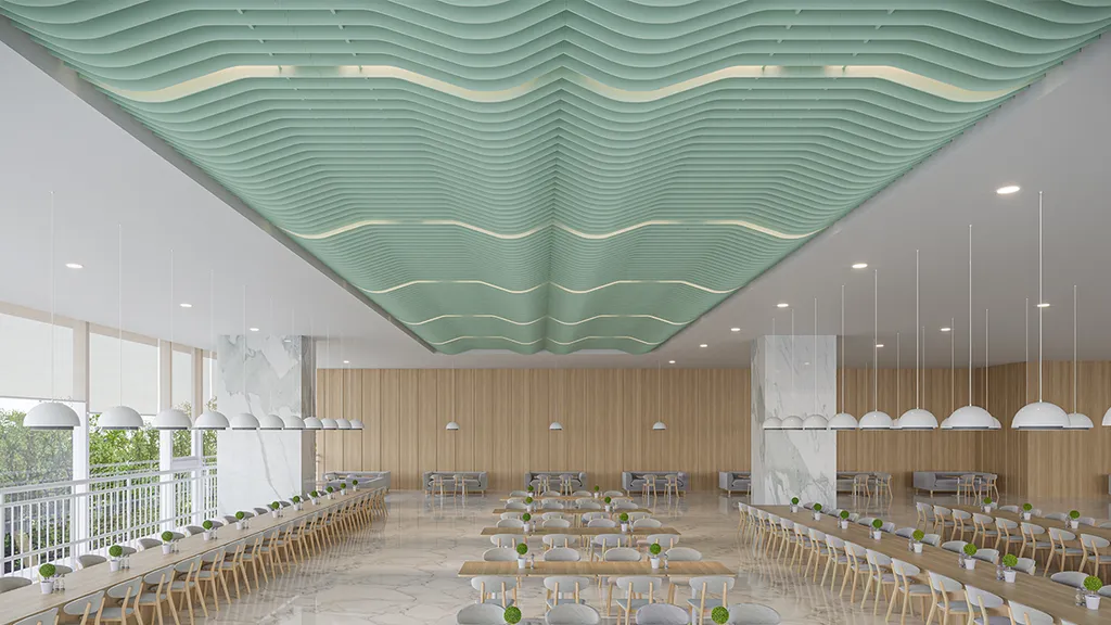 EchoSky Neu Tide in Mint installed above a restaurant dining setting