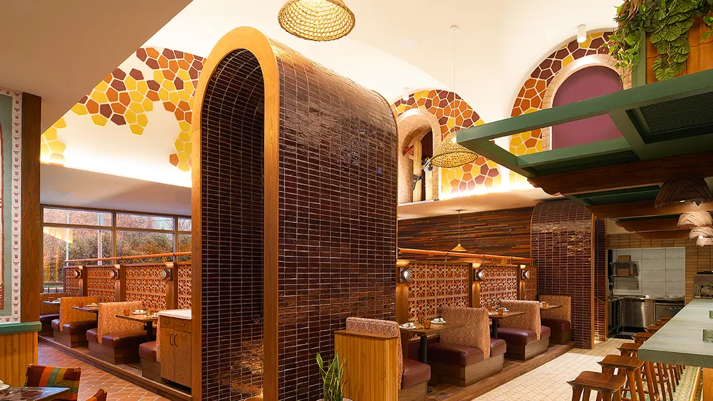 Custom Cut PET Tiles in Ochre, Cinnamon, and Wine at Ometeo