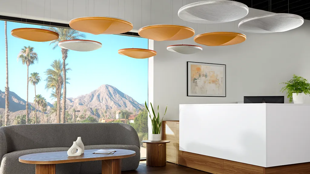 Xorel Artform | Circle 3D Clouds | Xorel Fabrics: Meteor 721 and Dash 35 | PET Colors: Mandarin and Mushroom