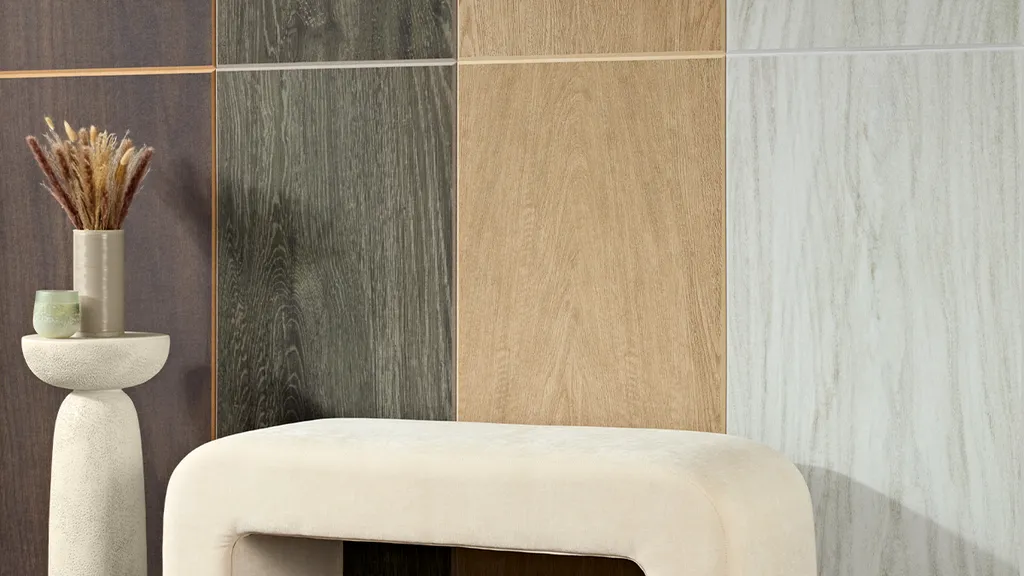 Sync Tiles | Dark Walnut printed on Nutmeg, Grey Wash printed on Pebble, Light Walnut printed on Vanilla, and White Wash printed on Frost