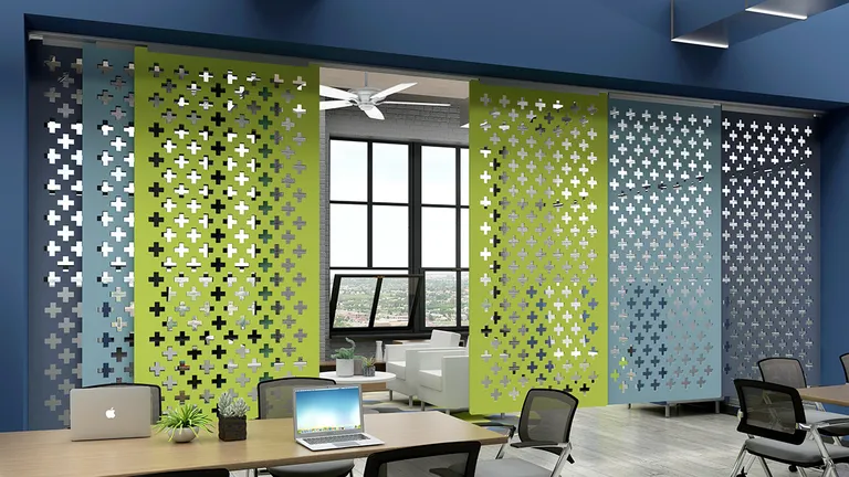 Cross Section Screens on a Rolling Track | Colors: Duck Egg, Lime Splice, and Navy