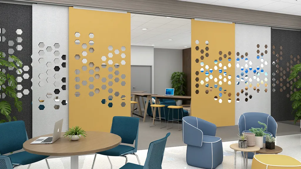 Honeycomb Screens on a Rolling Track | Colors: Frost, Ochre, and Black