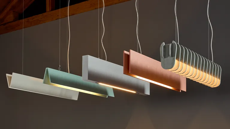 V Baffle Lit in White, A Baffle Lit in Mint, O Baffle in Frost, H Baffle Lit in Blush, and HyperFly Baffle Lit in White Wash Print on Frost