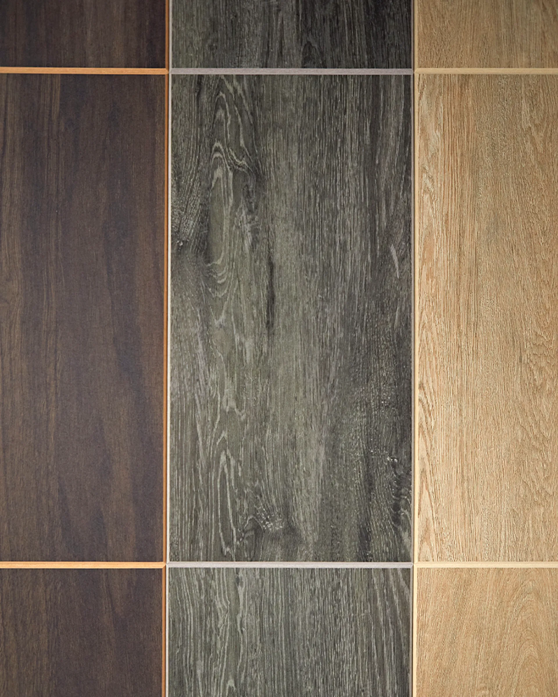 Sync Tiles | Dark Walnut printed on Nutmeg, Grey Wash printed on Pebble, Light Walnut printed on Vanilla, and White Wash printed on Frost