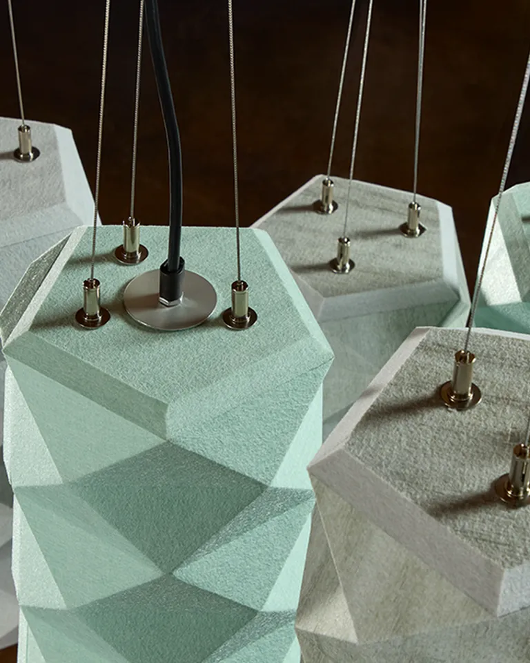 Product: Tessellate Pendants Lit | Colors: Mint and Frost | Print: White Wash