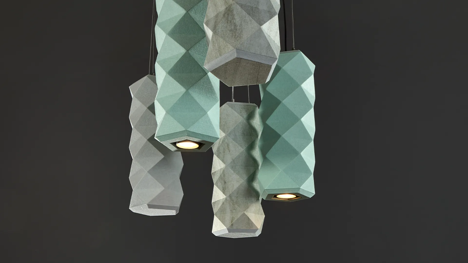 Product: Tessellate Pendants Lit | Colors: Mint and Frost | Print: White Wash