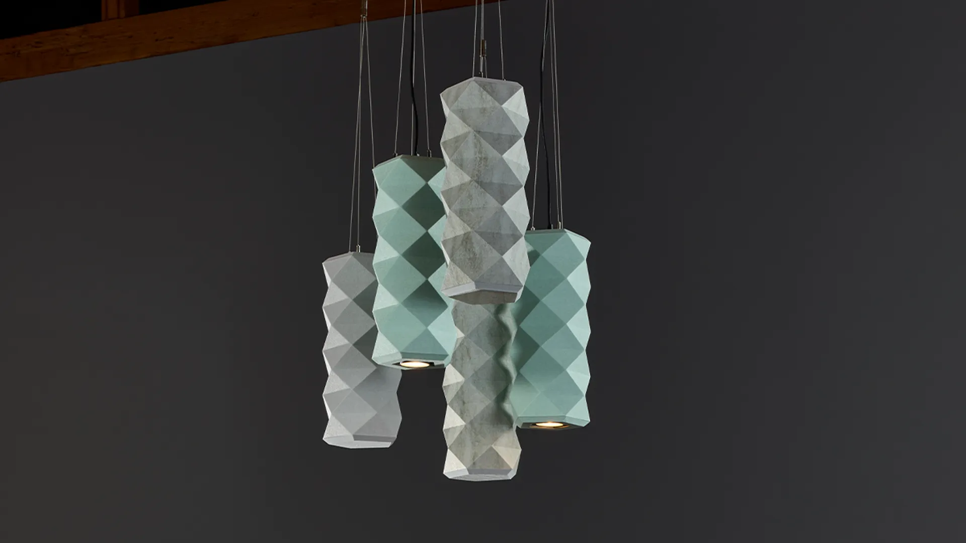 Product: Tessellate Pendants Lit | Colors: Mint and Frost | Print: White Wash